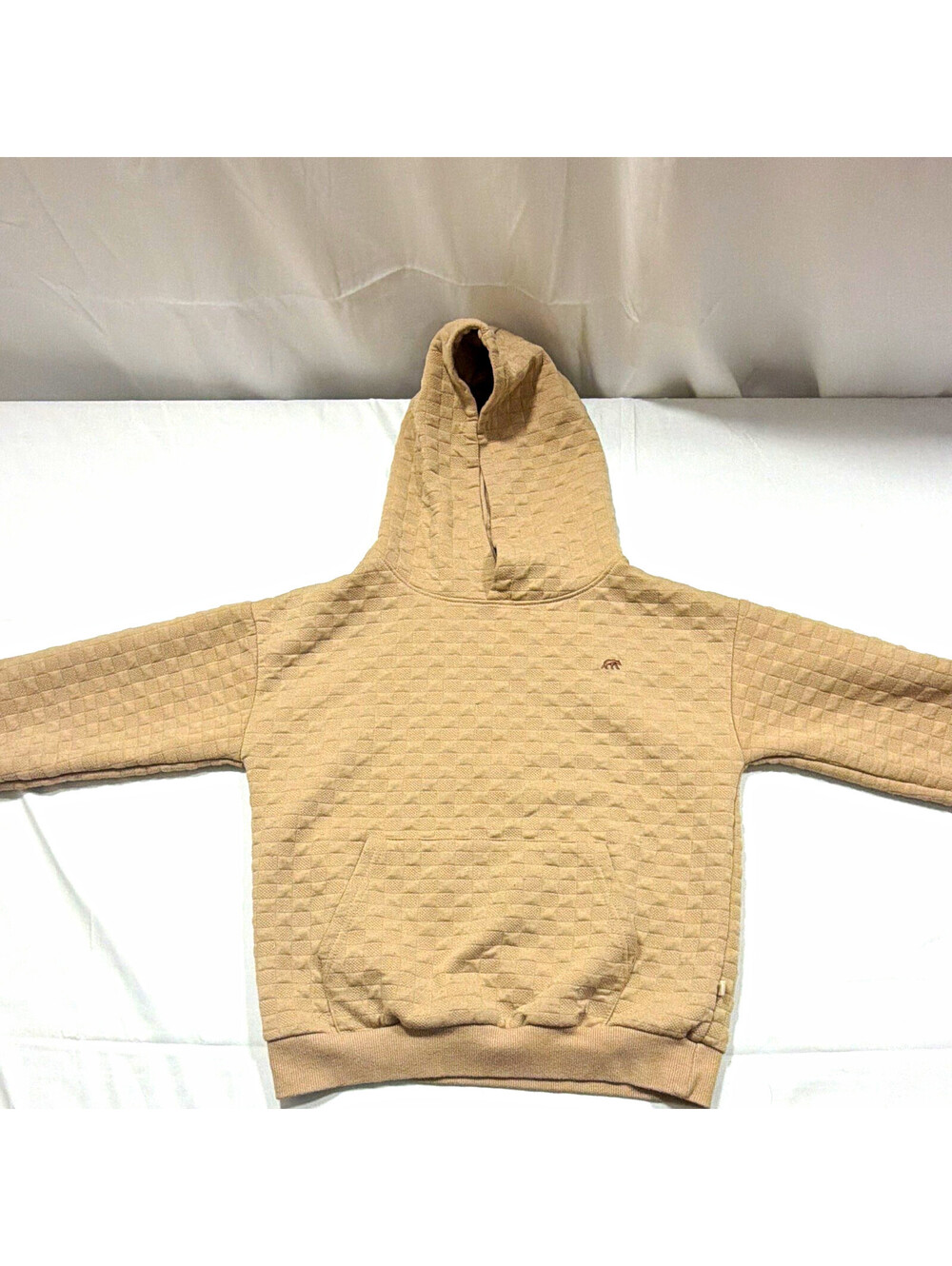 BEARPAW Boys Size 7 Beige Pullover Hoodie Check Knit Cotton Blend Hooded